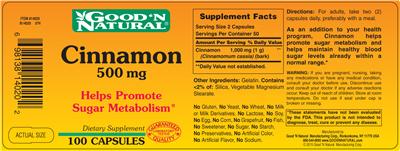 Photo of the Good 'N Natural Cinnamon 500 mg label