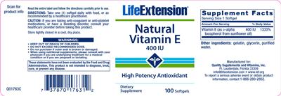 Photo of the Life Extension Natural Vitamin E 400 IU label
