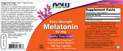 Photo of the NOW Extra Strength Melatonin 10 mg label