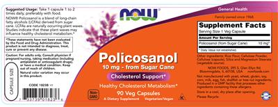 Photo of the NOW Policosanol 10 mg label