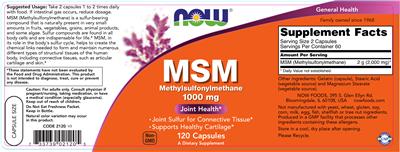 Photo of the NOW MSM Methylsulfonylmethane 1000 mg label