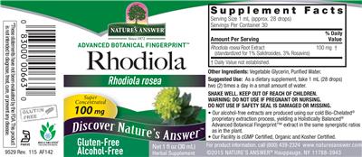 Photo of the Nature's Answer Rhodiola 100 mg Alcohol-Free label
