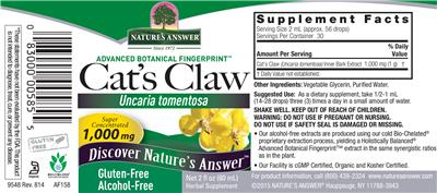 Photo of the Nature's Answer Cat's Claw 1,000 mg Alcohol-Free label