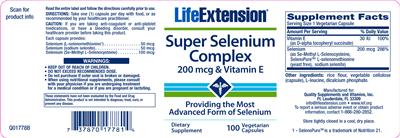 Photo of the Life Extension Super Selenium Complex 200 mcg & Vitamin E label