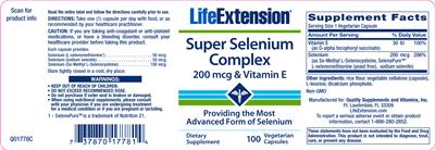 Photo of the Life Extension Super Selenium Complex 200 mcg & Vitamin E label