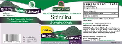 Photo of the Nature's Answer Spirulina 800 mg label