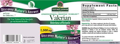 Photo of the Nature's Answer Valerian 1,500 mg label
