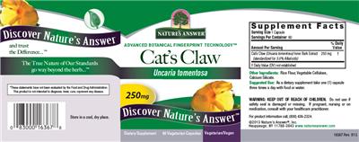 Photo of the Nature's Answer Cat's Claw 250 mg label