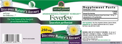 Photo of the Nature's Answer Feverfew 250 mg label