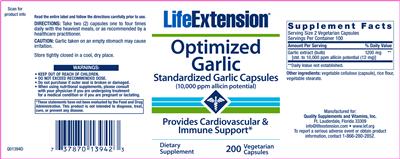 Photo of the Life Extension Optimized Garlic label