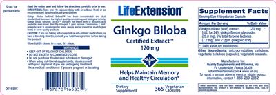 Product label for Ginkgo Biloba Certified Extract 120 mg