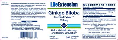 Photo of the Life Extension Ginkgo Biloba Certified Extract 120 mg label