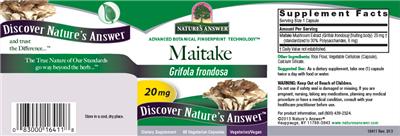 Photo of the Nature's Answer Maitake 20 mg label