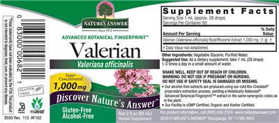 Photo of the Nature's Answer Valerian 1,000 mg Alcohol-Free label