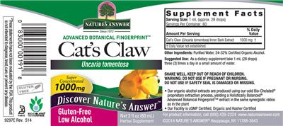 Photo of the Nature's Answer Cat's Claw 1000 mg label