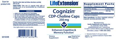 Photo of the Life Extension Cognizin CDP-Choline Caps 250 mg label