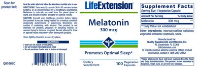 Photo of the Life Extension Melatonin 300 mcg label