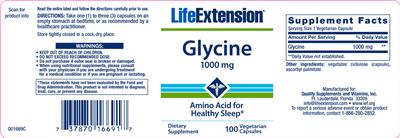 Photo of the Life Extension Glycine 1000 mg label