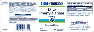 Photo of the Life Extension D, L-Phenylalanine 500 mg label