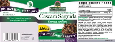 Photo of the Nature's Answer Cascara Sagrada 850 mg label