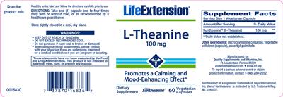 Photo of the Life Extension L-Theanine 100 mg label