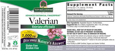 Photo of the Nature's Answer Valerian 1,000 mg Alcohol-Free label