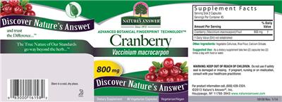Photo of the Nature's Answer Cranberry 800 mg label