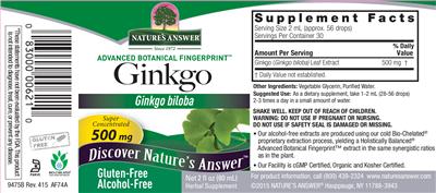 Photo of the Nature's Answer Ginkgo 500 mg Alcohol-Free label