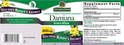 Photo of the Nature's Answer Damiana 800 mg label