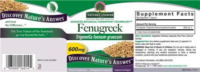 Photo of the Nature's Answer Fenugreek 600 mg label