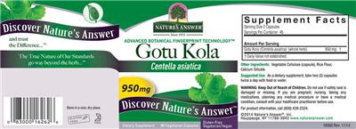 Photo of the Nature's Answer Gotu Kola 950 mg label