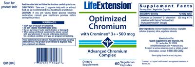 Photo of the Life Extension Optimized Chromium With Crominex 3+ 500 mcg label