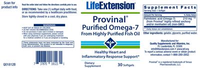 Photo of the Life Extension Provinal Purified Omega-7 label