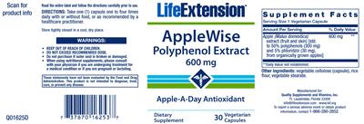 Photo of the Life Extension AppleWise Polyphenol Extract 600 mg label