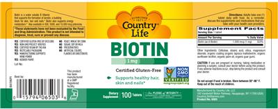 Photo of the Country Life Biotin 1 mcg label