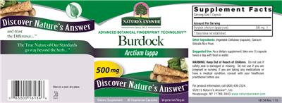 Photo of the Nature's Answer Burdock 500 mg label