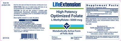 Photo of the Life Extension High Potency Optimized Folate label