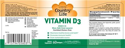 Photo of the Country Life Vitamin D3 2500 IU label