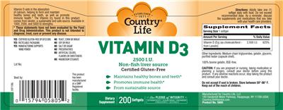 Photo of the Country Life Vitamin D3 2500 IU label