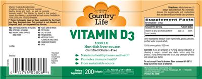 Photo of the Country Life Vitamin D3 1000 IU label