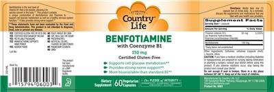 Photo of the Country Life Benfotiamine with Coenzyme B1 150 mg label