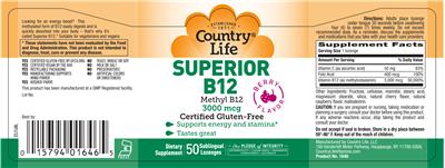 Photo of the Country Life Superior B12 3000 mcg Berry Flavor label