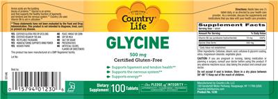 Photo of the Country Life Glycine 500 mg label