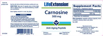 Product label for Carnosine 500 mg