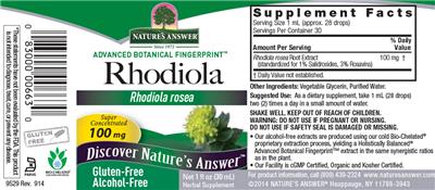 Photo of the Nature's Answer Rhodiola 100 mg Alcohol-Free label