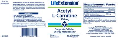 Photo of the Life Extension Acetyl-L-Carnitine 500 mg label