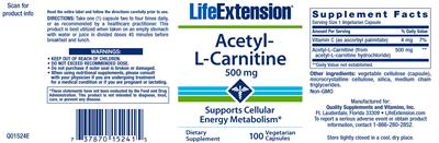 Photo of the Life Extension Acetyl-L-Carnitine 500 mg label