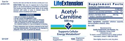 Photo of the Life Extension Acetyl-L-Carnitine 500 mg label