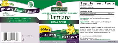 Photo of the Nature's Answer Damiana 800 mg label