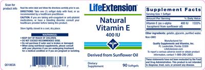 Photo of the Life Extension Natural Vitamin E 400 IU label